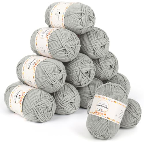 Aeelike 600 g (12 x 50 g) 100 % polyakryl amigurumi ullset, 5 stycken virkull bomull för virkning, hållbar stickull, färgglada virkade garn bomull garn, silvergrå