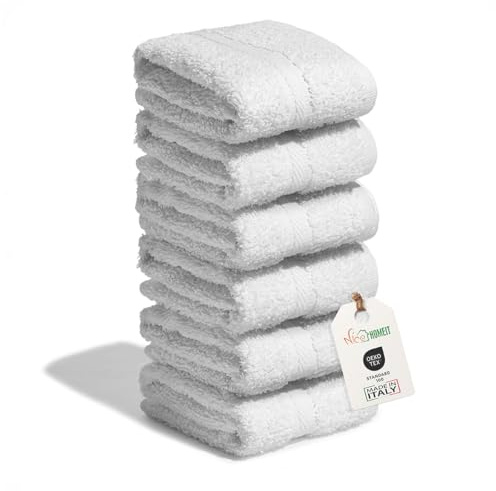 nice homeit Set med 6 tvättlappar 30 x 30 cm – Mini ansikts- och gästhanddukar 100 % ringspunnen bomull – mjuka, absorberande, tvättbara – för badrum, kök, smink och resor – tillverkad i Italien (vit)