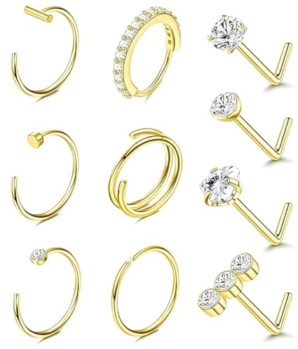 JYNXOR 10 Pcs 20G piercing nez anneaux Mince, Acier Chirurgical pour piercing nez Fiche Double Anneaux doré Set, Fiche pour piercings nose avec Zirconia forme de L pour femmes et hommes