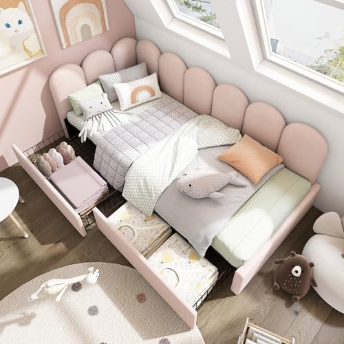 Arhatreya Bäddsoffa, 90 x 200 cm, L-format bäddsoffa med lådor, stoppad säng med ribbotten, barnsäng, sängssäng för gästrum, sovrum (utan madrass) sammet rosa