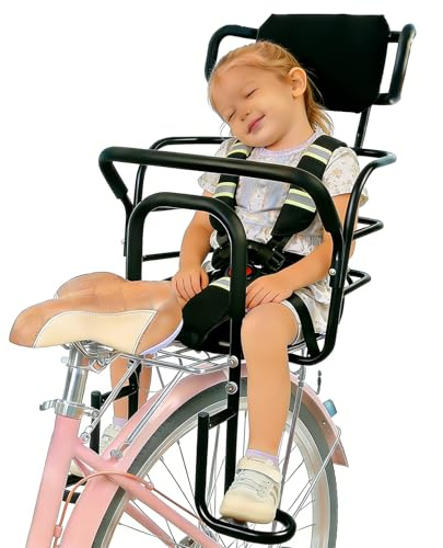 Rear Kids Bike Seat with Headrest, Heavy Duty Back Mount Kid's Bike Seat for Aged 18 Month - 8 Years Old, Child Carrier Bike Chair for Bicycle Kids Seat, Foam Seat Belt with Reflective Strip