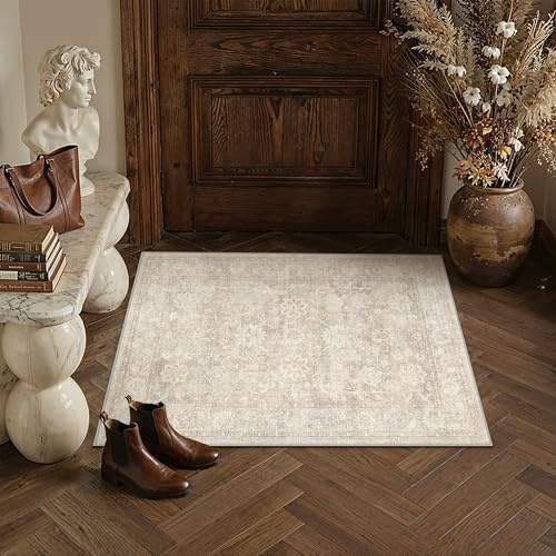 PureCozy Vintage Tapis D'entrée Beige 60x90cm Antidérapant Cuisine Rug | Petit Carpets,Descente de Lit Carpet,Lavable en Machine Rugs,Chambre,Salle de Jeux,Bureau,Interieur Doux Poil Ras