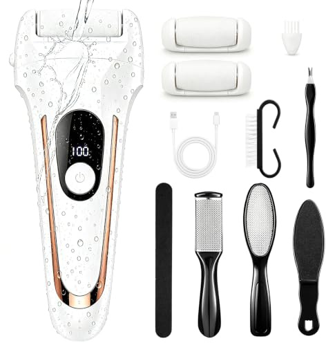Râpeuse Pieds Électrique, Râpe à Pieds Anti-Callosités pour Corne et Peau Morte, Ponceuse Pieds Électrique Rechargeable, 2 Rouleaux, 2 Vitesses LED, Corps Lavable, Kit Pédicure avec 6 Outils Manuels
