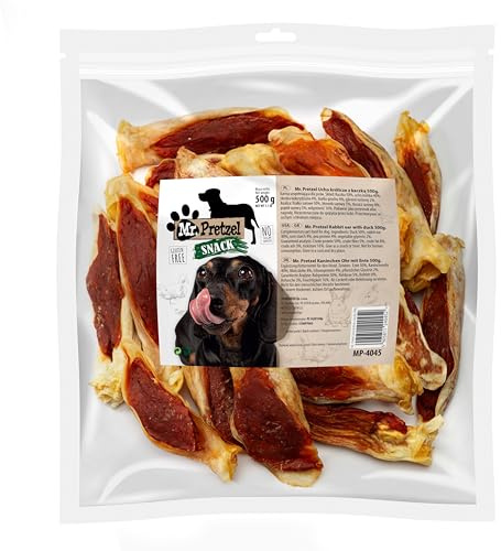 Mr. Pretzel Orecchie di coniglio con anatra, 500 g, articoli da masticare esclusivi con 50% di carne d'anatra, ultra ricche di proteine (50%) e senza cereali, snack ipoallergenico da masticare per