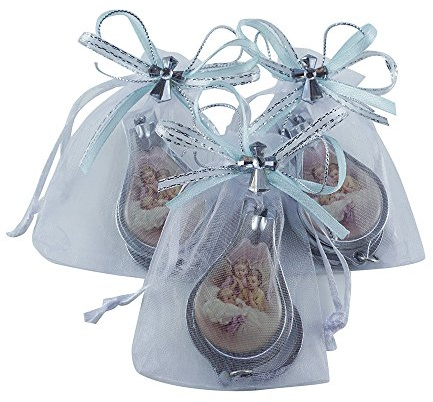 12 Pcs Baptism Keychain with Nail Clipper and Opener Party Favors for Baby Boy -Bautizo Recuerdos/Baby Angel Design in Decorated Pouches