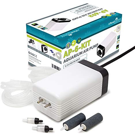 AllPondSolutions Aquarium Air Pump For Fish Tank Coldwater or Tropical up to 350 Litres - 2 Outlets - Ultra Quiet Oxygen Pump - Includes Airline Non-Return Valves and Air Stones - Complete Kit