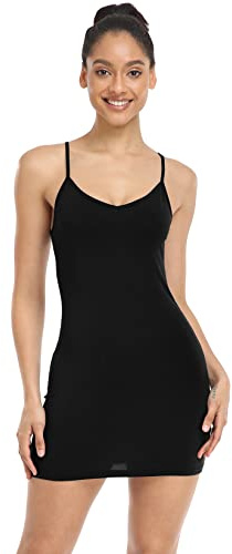 Qaffier Women's Basic Adjustable Spaghetti Strap Cami Slip Mini Dress Black Small