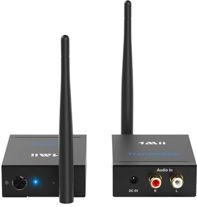 1Mii Wireless Audio Transmitter and Receiver, 2.4GHz Long Range Transmitter and Receiver Low Latency from TV/PC to Active Bookshelf Speakers/Stereo/Subwoofer/CD, RCA Port, 100m Outdoor(Audio Only)