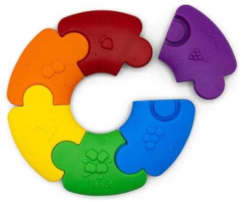 Jellystone Designs Colour Wheel Rainbow Teether. Interlocking Puzzle Ring Silicone Teething Puzzle Baby Sensory Toy. Numbers Colours & Fruits. Chewable Educational Toy for Babies & Toddlers 6 Months +