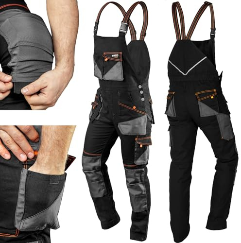 NEO Tools HD Slim Work Trousers Pockets 60% Cotton Contoured Knees Triple Stitched Seams Removable Openings Leg Extension Elastic Waist Reflective, Black, XS