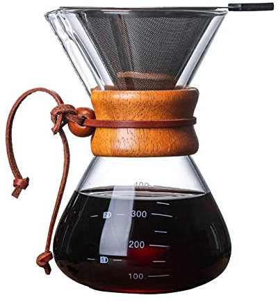 FIYSON Cafetière pour-over, cafetière à filtre en verre borosilicate et filtre en acier inoxydable café filtre manuel pour machine à café, cafetière manuelle, préparateur de café,400ml