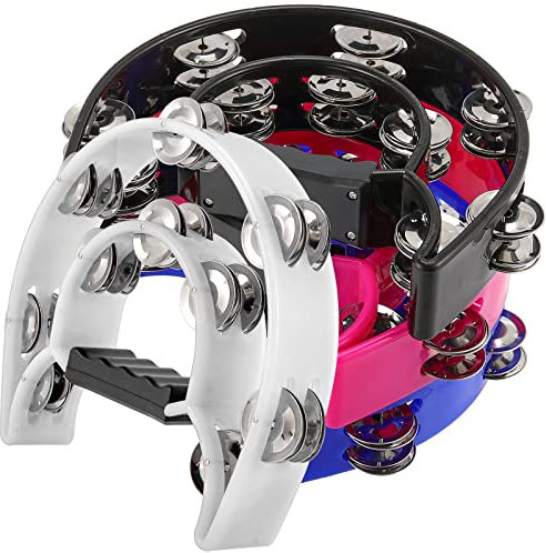 SINJEUN 4 Stück zweireihig Tamburin, 23 cm Halbmond-Tamburin mit ergonomischem Griff, 4 Farben Metallschellen für Anfänger, Kirche, KTV, Party