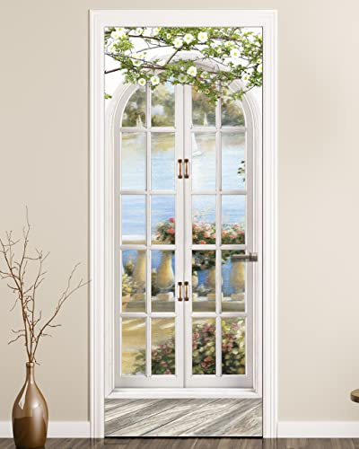 FLFK Door Mural Sticker - Realistic White Window,Peel and Stick,Combined Size 32x80,Split into 2 Pieces