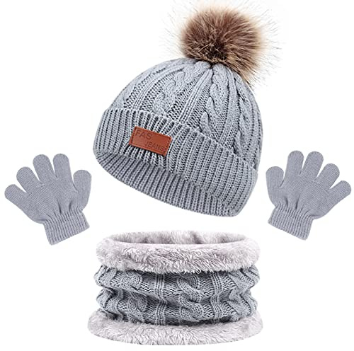 Enwokran Bambini Cappello Sciarpa e Guanti Set 3 in 1, Berretto con Pompom a Maglia Invernale Beanie Cappello Scaldacollo e Guanti per Ragazzo e Ragazza 2-6 Anni Attività all'aperto (Grigio)