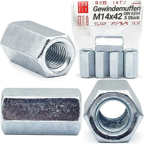 Écrous longs M 14 x 42 mm DIN 6334, lot de 5, manchon fileté hexagonal, acier galvanisé, douille filetée, rallonge pour tige filetée, entretoise de raccordement, classe de résistance 5