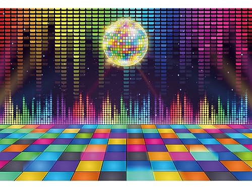 Laeacco 10x8ft Discoparty Backdrop Vintage 70s 80s 90s Shining Ball Stage Backdrop Night Club Music Dance Party Photography Background Let's Glow Party Cake Table Banner Photo Booth Props