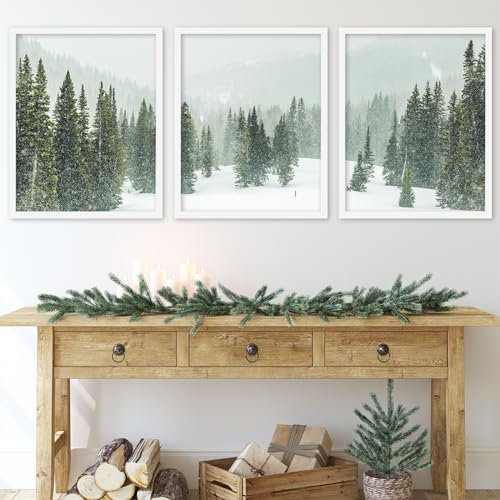 JarThenaAMCS Set di 3 stampe artistiche da parete con alberi invernali innevati, montagna foresta, poster artistici per Natale, inverno, natura, decorazione per la stanza, per galleria, soggiorno,