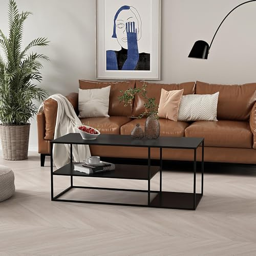 [en.casa] Couchtisch Solund Beistelltisch Metall Schwarz matt Wohnzimmertisch mit Stauraum 120 x 50 x 50 cm Sofatisch rechteckig Kaffeetisch