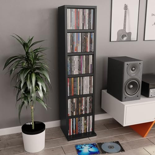 Homgoday Svart CD-skåp 21 x 20 x 88 cm konstruerat trä, CD-torn med 6 öppna fack, förvaringsskåp CD- och DVD-hylla för vardagsrum, sovrum, kontor