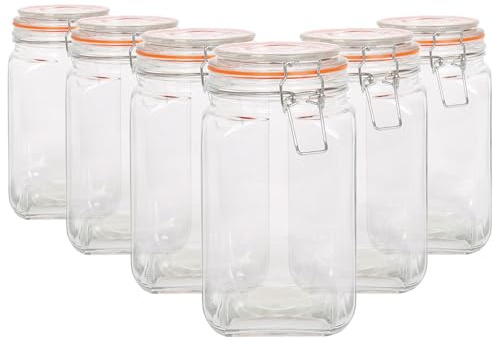 Argon Tableware 1.25L Square Glass Jars with Clip-top Lids - 6pc Airtight Kitchen Mason Jar Food Storage Preserving Container for Pickling, Chutney, Jam, Coffee, Oats