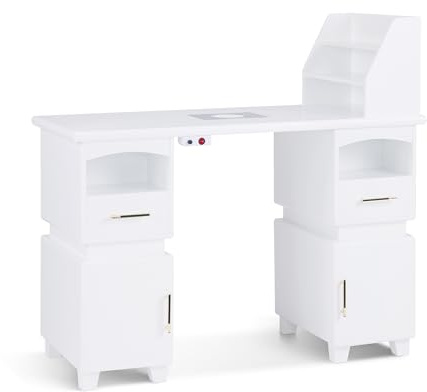 Barberpub Table de manucure avec 2 tiroirs, Table à Ongles avec Aspiration Blanche, Coiffeuse à Ongles en Bois, 4 armoires, étagère, Bureau pour Salon de manucure, 55x120x112,5cm, 2456