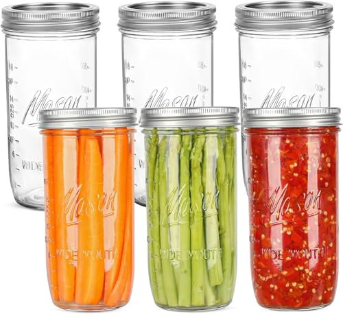 LATERN 6Pcs 24oz Wide Mouth Mason Jars, 720ml Printed Glass Jar Leakproof Mason Glass Jars with Airtight Lid and Band for Preserving Jam Honey Jelly Sauces Meal Prep Overnight Oats Salad Yogurt