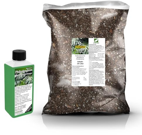 Umtopf - Set für Monstera (Fensterblatt) und Philodendren (Baumfreund) - bestehend aus 10 Liter Spezial - Substrat und darauf abgestimmten Flüssigdünger NPK Volldünger (für Monstera + Philodendron)