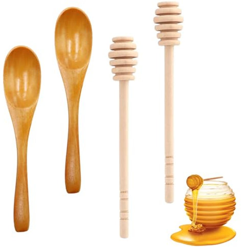 Lyivisk 4PCS Honigrührer Honiglöffel, 15cm Honigheber Honigspirale Dosierer von Honig und Sirup tropf, 12cm Honiglöffel aus Holz, Hohe Qualität Honiglöffel Holzlöffel(Khaki)
