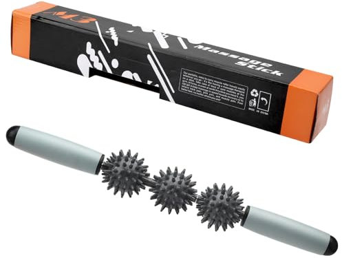 UOCAI Igelball Massageroller mit Griff, 40cm Faszienstab mit 3 Igelbälle Massage Roller Rolle Faszienrolle mit Noppen, Massagerolle Massagestab Muskelroller für Rücken Beine Nacken Schulter