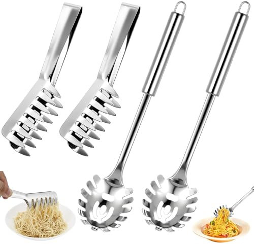 XSHAO® 4 Stk Spaghetti Server Set, Pasta Löffel Edelstahl Spaghettizange Edelstahl Spaghetti-Löffel und Nudelzange für Backen und Kochen von Nudeln, Salate