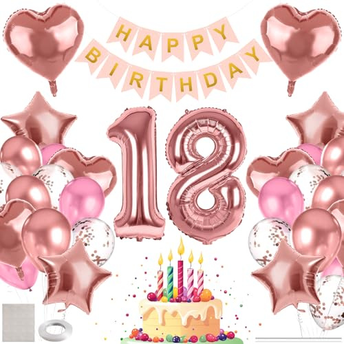 MIEWAA Globos 18 Cumpleaños Chica, Adornos Fiesta Decoracion 18 Años Cumpleaños con Banner HAPPY BIRTHDAY, Globo Foil Número 18 Grande, Corazón y Estrella, Globos Latex y Confeti Rosa