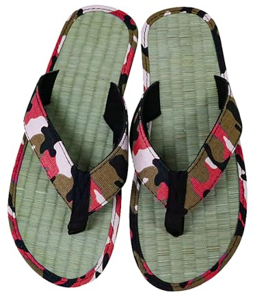 Eleganti infradito da uomo estive in paglia con suola in bambù, infradito comode per la casa, scarpe in tela traspiranti, sandali flip flop comodi con punta aperta - pantofole slip-on, Rosso anguria