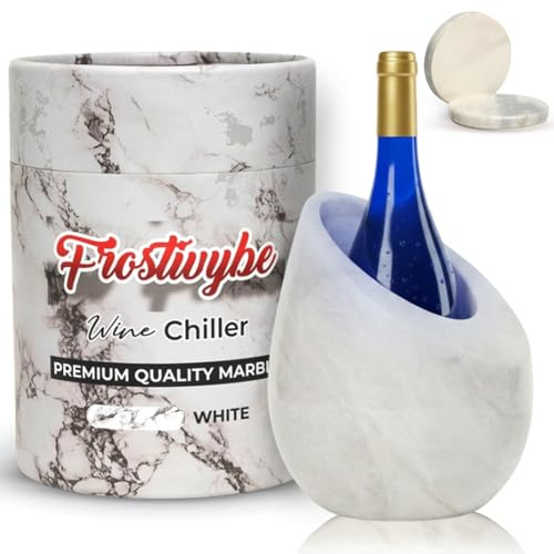 Frostivybe Marble Wine Chiller Bucket Set With 2 Marble Coasters – 750ml Wine Bottle Cooler for Party, Dinner, Kitchen & Bar Cart Decor – Elegant Champagne Cooler Gift for Wine Lovers (White)