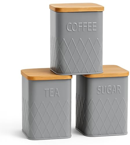 Kitchen Canisters Tea Coffee Sugar with Bamboo Lids | Canisters Sets for The Kitchen Airtight | Tea Coffee Sugar Bin Sets Grey 3 Pieces