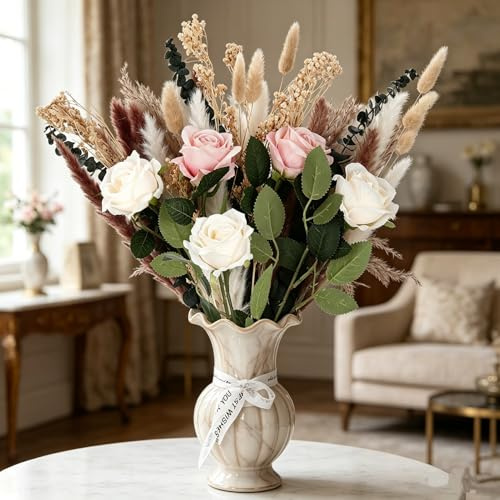 Xialvyu 40 Stück Trockenblumenstrauß Deko, Trockenblumen Set mit Pampasgras und Rosen, Boho Trockenblumen Deko für Hochzeiten, Dried Flowers für Tischdeko Wohnzimmer Vase Esstisch Schlafzimmer