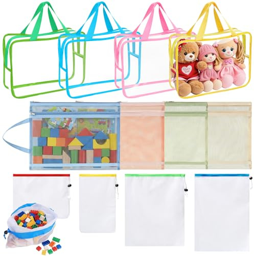 12 Pcs Toy Storage (Organization Mesh Bags with Drawstring, PVC Waterproof Organizer Bags, Clear Zipper Toy Storage Bags with Handles) for Fruit, Vegetables, Grocery, Shopping, Stora