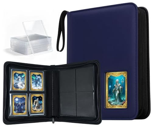 Tolesum Álbum para 160 Cartas Toploader, Carpeta de 4 Bolsillos con Correa y Ventana, Incluye 10 Fundas Rígidas 3x4, Portacartas Compatible con TCG, Cartas MTG, Coleccionables (Azul)