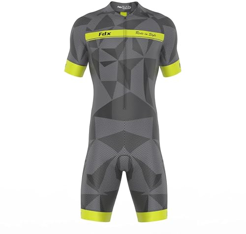 FDX Men’s Cycling Skinsuit – 3D Padded, Breathable, Quick Dry Triathlon Suit – Short Sleeve One Piece Bodysuit for Bicycle Training, Racing Bike Top, Cyclist Clothing (Yellow – XL)