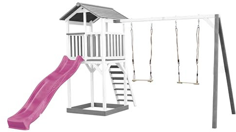 AXI Beach Tower Aire de Jeux avec Toboggan en Violet, 2 Balançoires & Bac à Sable | Grande Maison Enfant extérieur en Gris & Blanc | Cabane de Jeu en Bois FSC