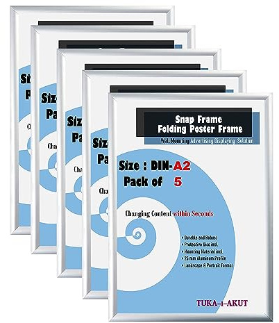 TUKA-i-AKUT 5X A2 Cornice a Scatto in Alluminio Profilo 25 mm, Pieghevoli Cornice a Clip per Poster Foto Display Pubblicitari, Pannello Protezione, Materiale Fissaggio, Color Argento TKD8420-A2-5X