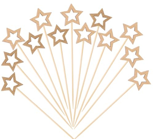 ENLACE Brochetas de cóctel con estrellas, 50 unidades, pinchos de madera para comida, pinchos de Navidad, cócteles, estrellas doradas, palillos de madera para barbacoa, frutas, cupcakes, cócteles
