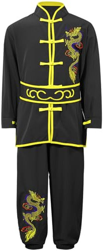 Agoky Junge Tang Anzug - Chinesische Traditionelle Kostüm Kampfkunst Kung Fu Uniform Drache Stickerei Anzüge Langarm Tops mit Hosen Schwarz A 170