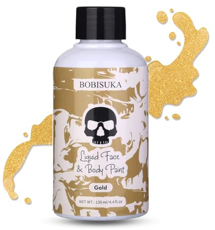 BOBISUKA Gold Face Body Paint Liquid Texture Washable Non Toxic Facepaint Fast Drying Metallic Gold Foundation Makeup for Halloween Cosplay SFX Costume Party Large Capacity(130ml)