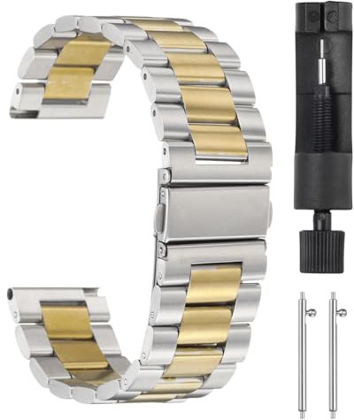 sourcing map Stainless Steel Watch Bands 22mm Metal Plating Butterfly Clasp Quick Release Solid Steel Chain Watchband Replacement with Adapter Fits Smart Watch for Men Women, Silver Gold
