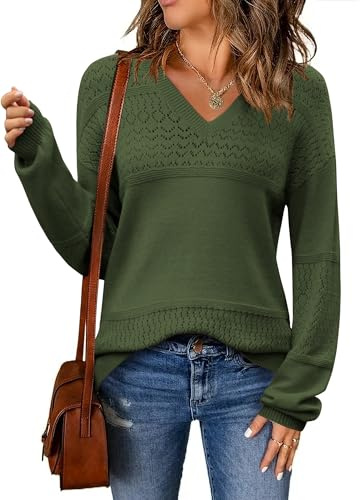Zeagoo Jersey Mujer Invierno Manga Larga Elegante Suéter Otoño Cuello en V Pullover Sólido Sweater de Punto Hueco S-XXL