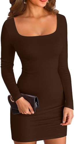 ELFIN Abito da Donna a Coste a Maniche Lunghe Jersey Lunghe Collo Quadrato Sexy Maglietta per Feste Club Bodycon Mini Abito Slim Fit caffè Scuro, M