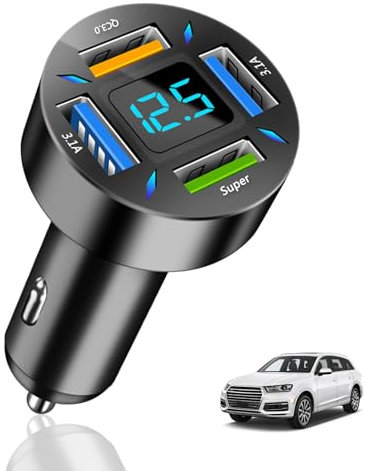 Accendisigari USB 4 Porte 66W, Caricatore Rapido Auto USB A, Connettore Accendisigari Ricarica Rapida per Tablet Dispositivi, Caricabatterie Voltmetro LED, Compatibile con iPhone, Android, Samsung