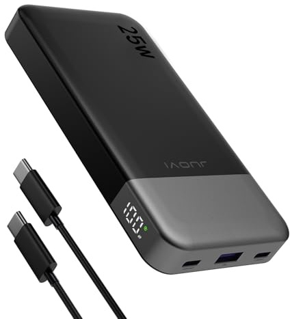 JUOVI Power Bank 10000mAh 25W Fast Charging Small Portable Charger PD 3.0 QC 4.0 Slim Lightweight Phone Charger, Dual Output Compatible with iPhone16 15 14 Samsung (25W Black, Milliamp Hours, 10000)