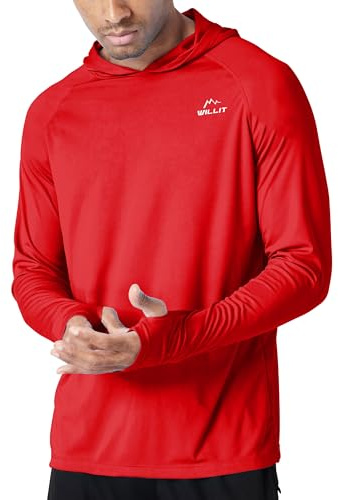WILLIT Felpa con cappuccio da uomo UPF 50+, protezione solare Rashguard con cappuccio, a maniche lunghe, SPF, pesca all'aperto, corsa, escursionismo, Colore: rosso, L