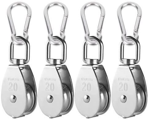 Zasjon 8 Pièces Kit de Poulie de Levage, 4 Pièces M20 Poulie pour Cable en Acier Inoxydable avec 4 Pièces Mousqueton M5, Bloc de Poulie Pivotant à 360° Poulie à Crochet Poulie Rouleau Charge de 75kg